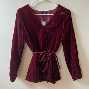 J. Crew Velvet Wrap Blouse in Burgundy